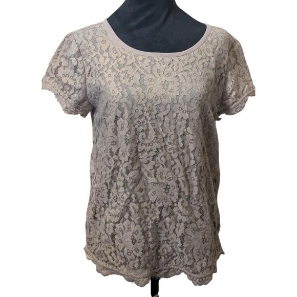 Joie Taupe Lace Overlay Top S Keyhole Tie Back Blouse Romantic Feminine - Picture 1 of 7